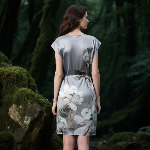 100% Mulberry Silk 19 Momme Premium-Weight Belted Dress for Women – Artistic Print Sleepwear & Loungewear, One-Size Gift