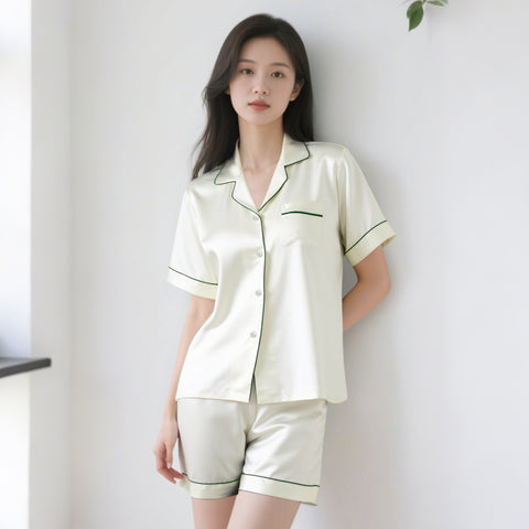 Women's Short Sleeve Silk Pajamas Set, 100% Mulberry Silk, 19 Momme Luxury Shorts & Shirt for Nightwear and Loungewear