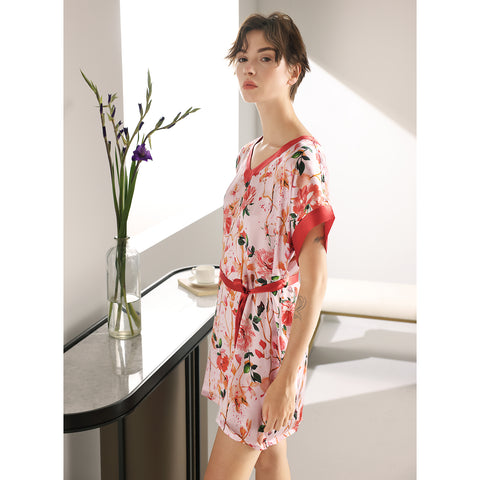 Short Sleeve V Neck Nightgown in 100% Pure Mulberry Silk for Women Loose Sleep Dress