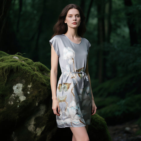 100% Mulberry Silk 19 Momme Premium-Weight Belted Dress for Women – Artistic Print Sleepwear & Loungewear, One-Size Gift