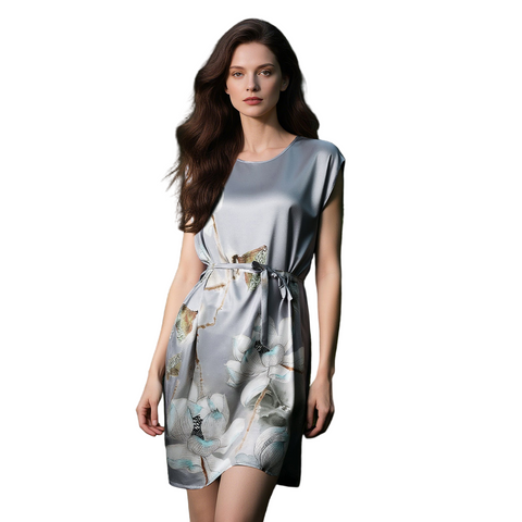 100% Mulberry Silk 19 Momme Premium-Weight Belted Dress for Women – Artistic Print Sleepwear & Loungewear, One-Size Gift