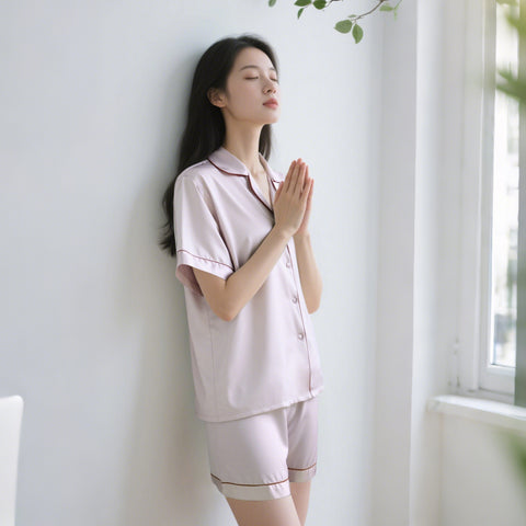 Women's Short Sleeve Silk Pajamas Set, 100% Mulberry Silk, 19 Momme Luxury Shorts & Shirt for Nightwear and Loungewear