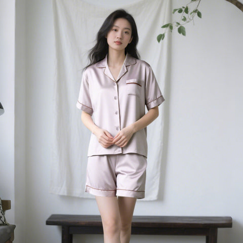 Women's Short Sleeve Silk Pajamas Set, 100% Mulberry Silk, 19 Momme Luxury Shorts & Shirt for Nightwear and Loungewear