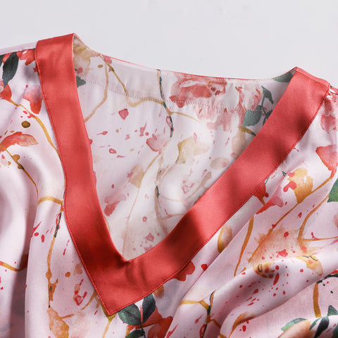 Short Sleeve V Neck Nightgown in 100% Pure Mulberry Silk for Women Loose Sleep Dress