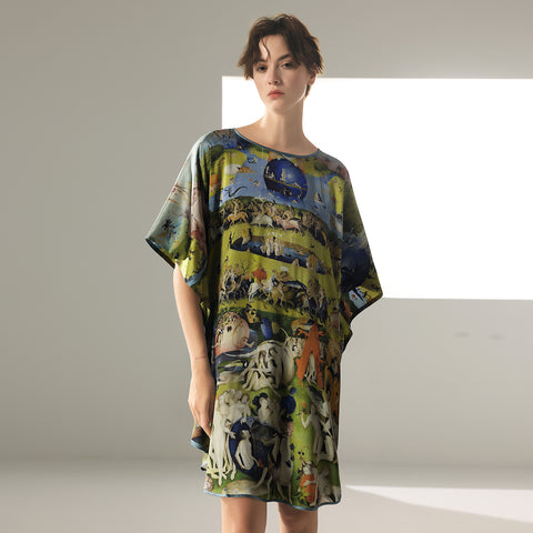Diseño largo 2 en 1 de ala de murciélago de seda, un exquisito vestido tipo túnica y un lujoso camisón