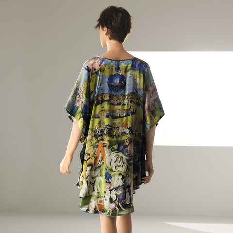 Diseño largo 2 en 1 de ala de murciélago de seda, un exquisito vestido tipo túnica y un lujoso camisón