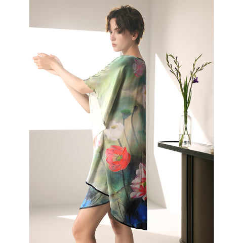 Diseño largo 2 en 1 de ala de murciélago de seda, un exquisito vestido tipo túnica y un lujoso camisón