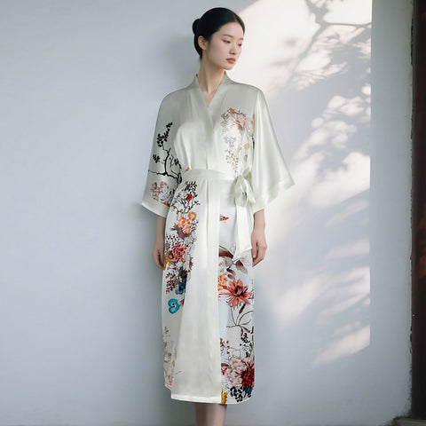 Heavy Silk Robe Kimono Floral Print Long