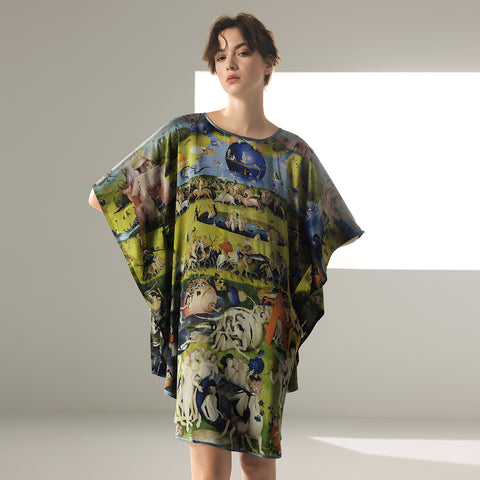 Diseño largo 2 en 1 de ala de murciélago de seda, un exquisito vestido tipo túnica y un lujoso camisón