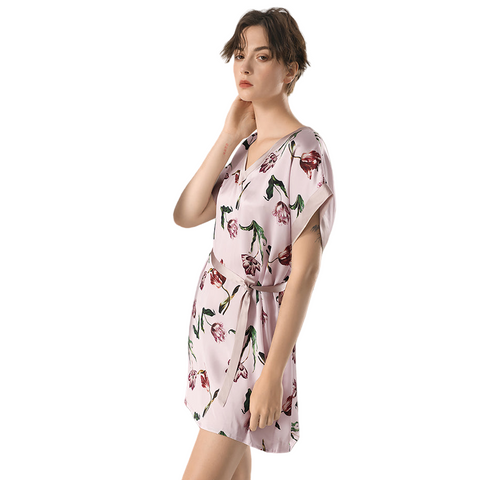 Short Sleeve V Neck Nightgown in 100% Pure Mulberry Silk for Women Loose Sleep Dress