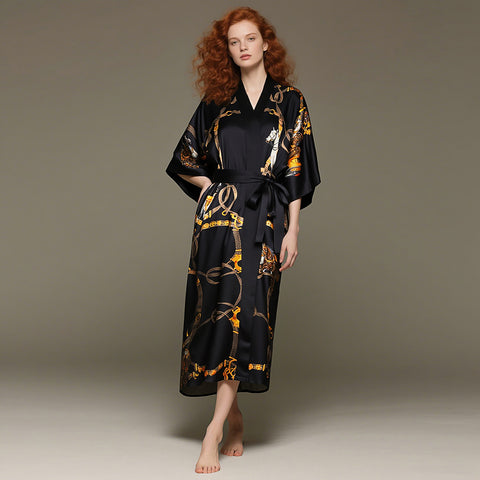 Heavy Silk Robe Kimono Floral Print Long