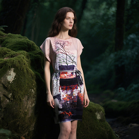 100% Mulberry Silk 19 Momme Premium-Weight Belted Dress for Women – Artistic Print Sleepwear & Loungewear, One-Size Gift