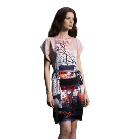100% Mulberry Silk 19 Momme Premium-Weight Belted Dress for Women – Artistic Print Sleepwear & Loungewear, One-Size Gift