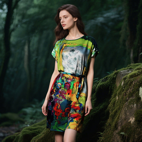 100% Mulberry Silk 19 Momme Premium-Weight Belted Dress for Women – Artistic Print Sleepwear & Loungewear, One-Size Gift