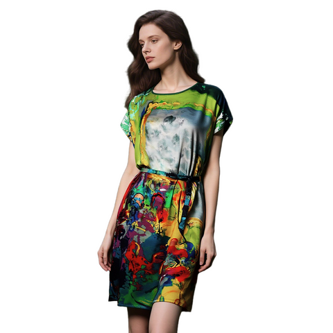 100% Mulberry Silk 19 Momme Premium-Weight Belted Dress for Women – Artistic Print Sleepwear & Loungewear, One-Size Gift