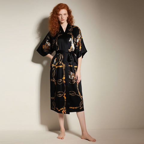 Heavy Silk Robe Kimono Floral Print Long