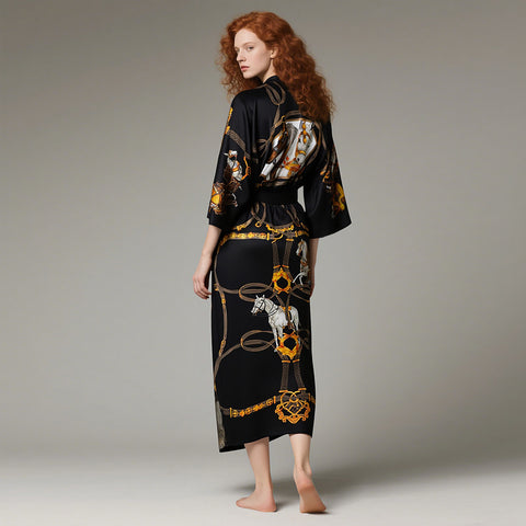 Heavy Silk Robe Kimono Floral Print Long