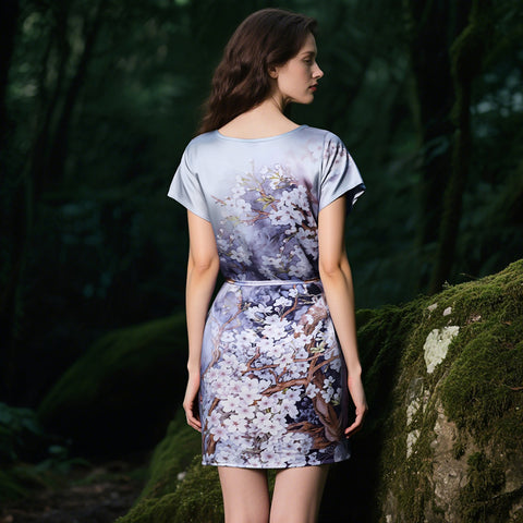 100% Mulberry Silk 19 Momme Premium-Weight Belted Dress for Women – Artistic Print Sleepwear & Loungewear, One-Size Gift