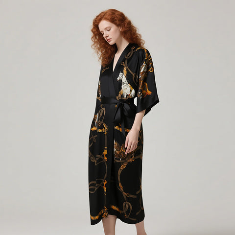 Heavy Silk Robe Kimono Floral Print Long