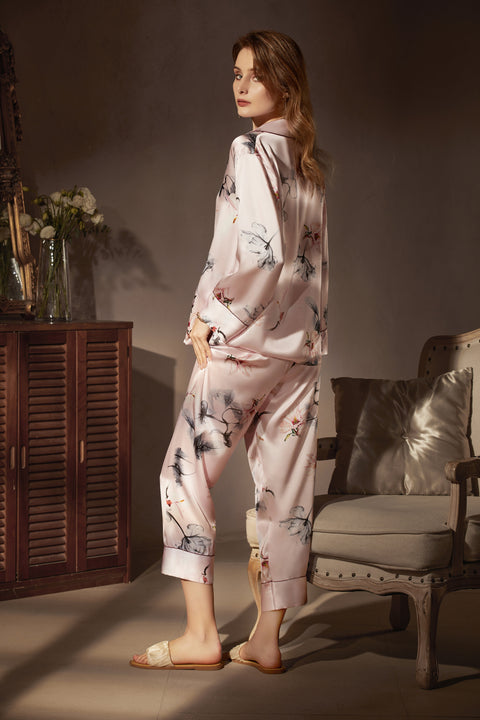 Le Silk Bouquet Women's 100% Silk Pajama Set Floral Patterns