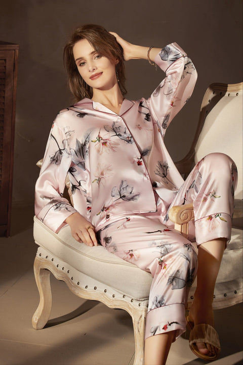 Tranquility Series Women's Silk Pajamas Set 100% Mulberry Silk Solid Colors Button Front 2 Piece Silk PJ Set