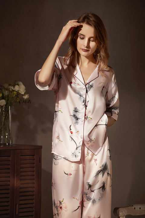 Le Silk Bouquet Women's 100% Silk Pajama Set Floral Patterns