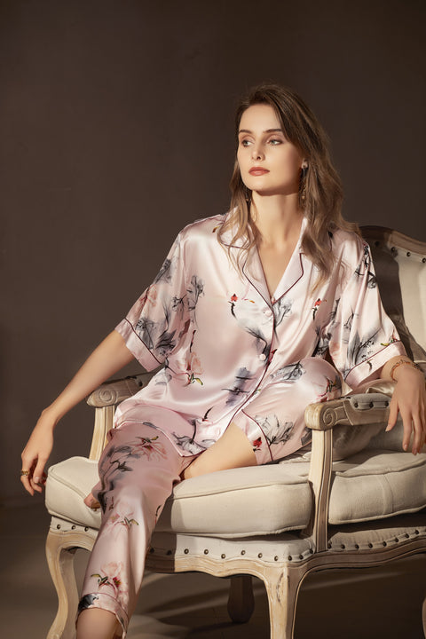 Le Silk Bouquet Women's 100% Silk Pajama Set Floral Patterns