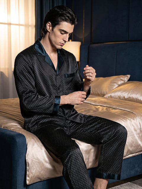 Conjunto de pijama de seda negro para hombre con estampado geométrico de seda