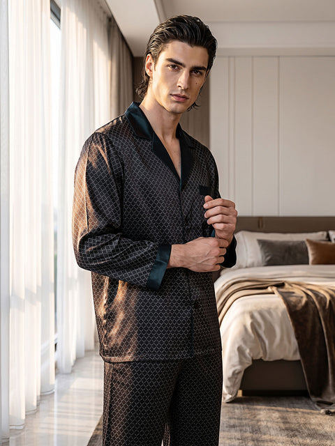 Conjunto de pijama de seda negro para hombre con estampado geométrico de seda