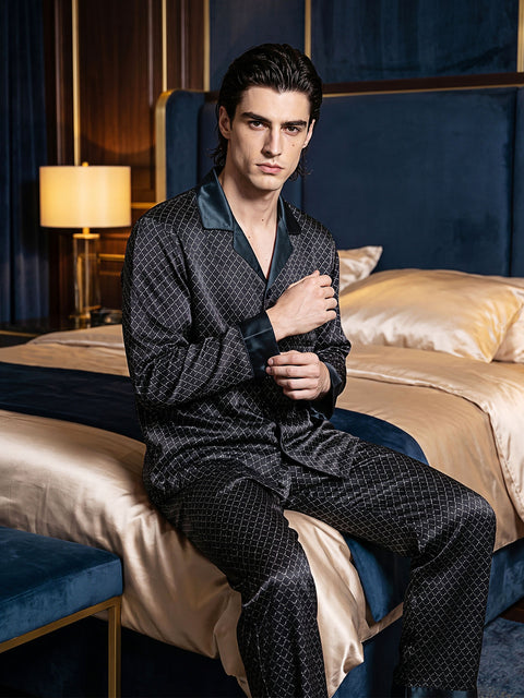 Conjunto de pijama de seda negro para hombre con estampado geométrico de seda