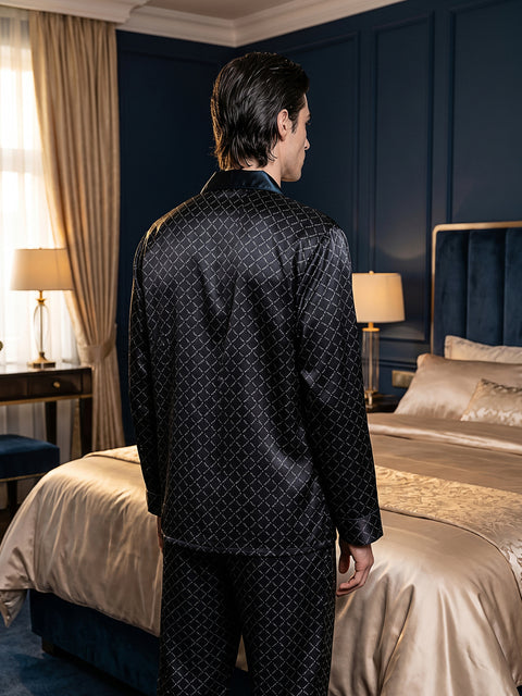 Conjunto de pijama de seda negro para hombre con estampado geométrico de seda