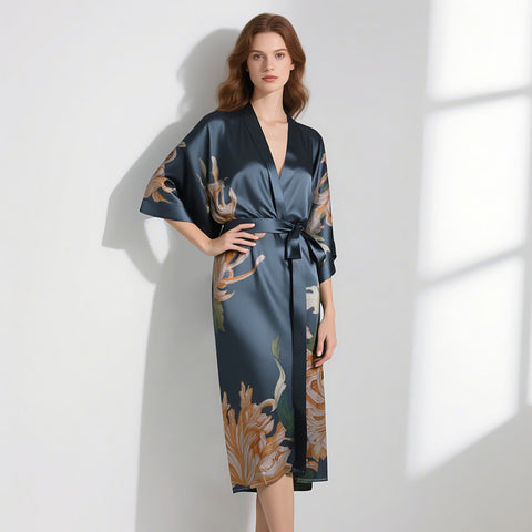 Heavy Silk Robe Kimono Floral Print Long