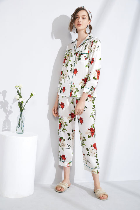 Le Silk Bouquet Women's 100% Silk Pajama Set Floral Patterns
