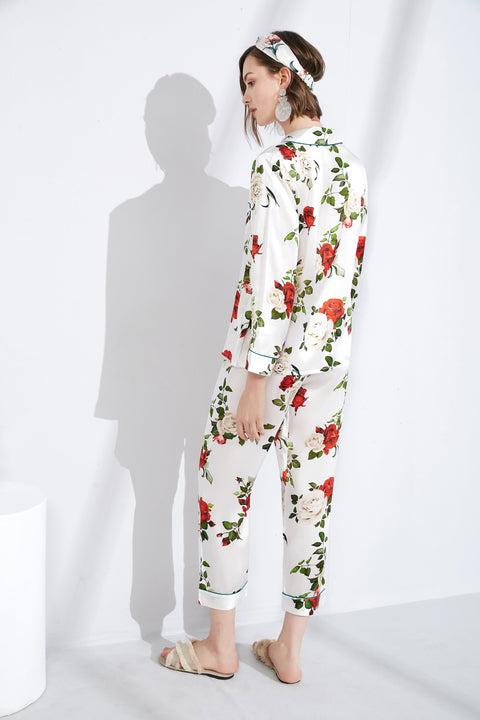 Le Silk Bouquet Women's 100% Silk Pajama Set Floral Patterns