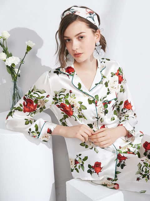 Le Silk Bouquet Women's 100% Silk Pajama Set Floral Patterns