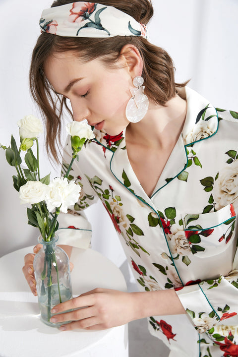 Le Silk Bouquet Women's 100% Silk Pajama Set Floral Patterns