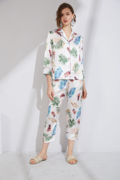 Le Silk Bouquet Women's 100% Silk Pajama Set Floral Patterns