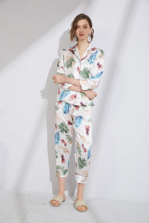 Le Silk Bouquet Women's 100% Silk Pajama Set Floral Patterns