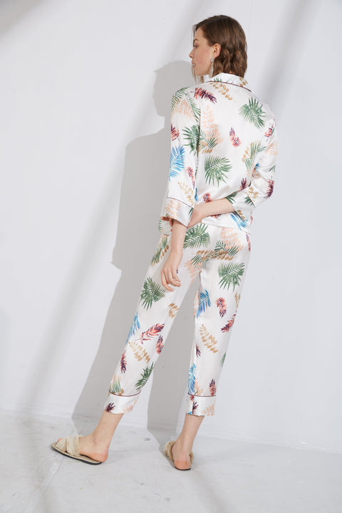 Le Silk Bouquet Women's 100% Silk Pajama Set Floral Patterns