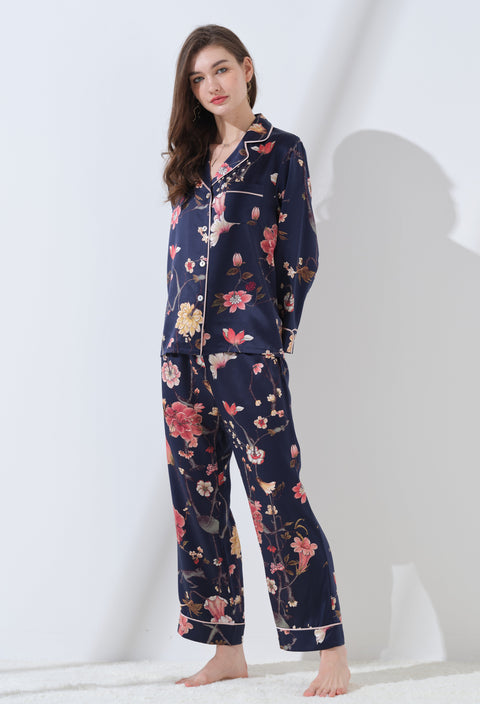 Le Silk Bouquet Women's 100% Silk Pajama Set Floral Patterns