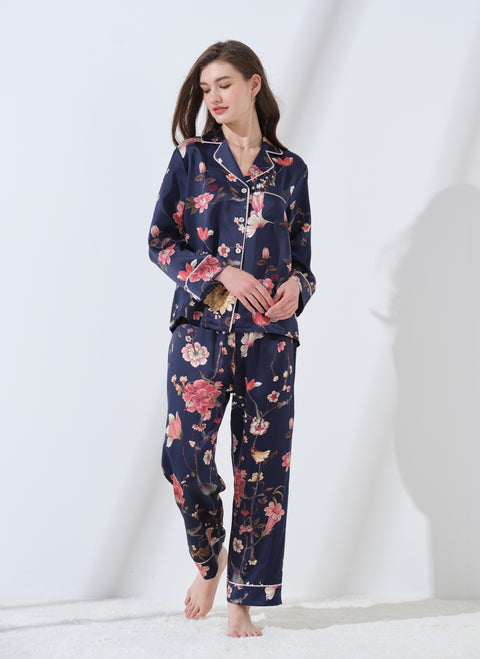 Le Silk Bouquet Women's 100% Silk Pajama Set Floral Patterns