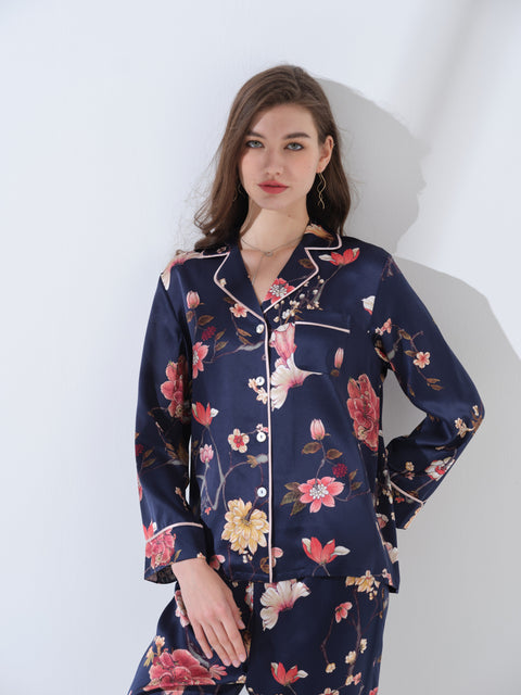 Le Silk Bouquet Women's 100% Silk Pajama Set Floral Patterns