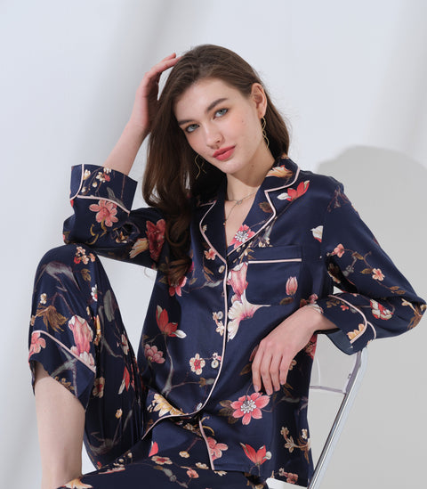 Le Silk Bouquet Women's 100% Silk Pajama Set Floral Patterns