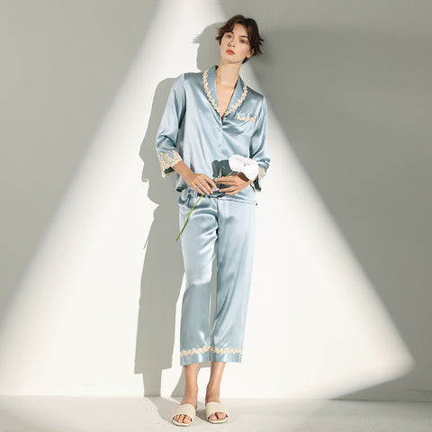 Women's Silk Pajama Set with Delicate Trim, 100% Mulberry Silk Long Sleeve Loungewear