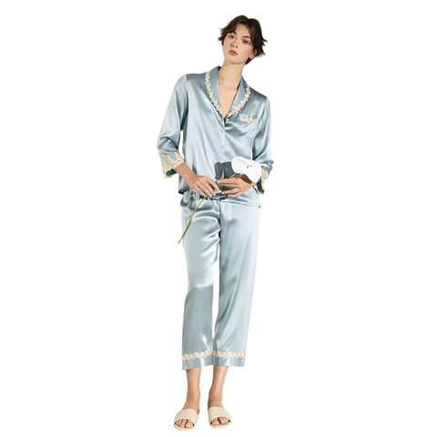 Women's Silk Pajama Set with Delicate Trim, 100% Mulberry Silk Long Sleeve Loungewear