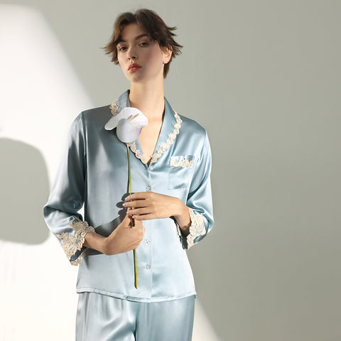 Women's Silk Pajama Set with Delicate Trim, 100% Mulberry Silk Long Sleeve Loungewear