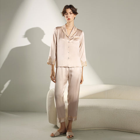 Women's Silk Pajama Set with Delicate Trim, 100% Mulberry Silk Long Sleeve Loungewear