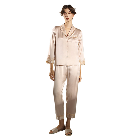 Women's Silk Pajama Set with Delicate Trim, 100% Mulberry Silk Long Sleeve Loungewear