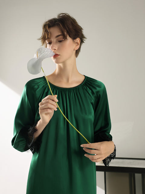 Elegant French Lace Trimmed Silk Nightgown for Women, 100% Mulberry Silk Mid-Length Chemise, Luxury Loungewear and Sleepwear