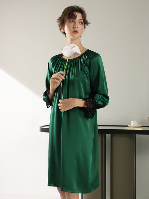 Elegant French Lace Trimmed Silk Nightgown for Women, 100% Mulberry Silk Mid-Length Chemise, Luxury Loungewear and Sleepwear